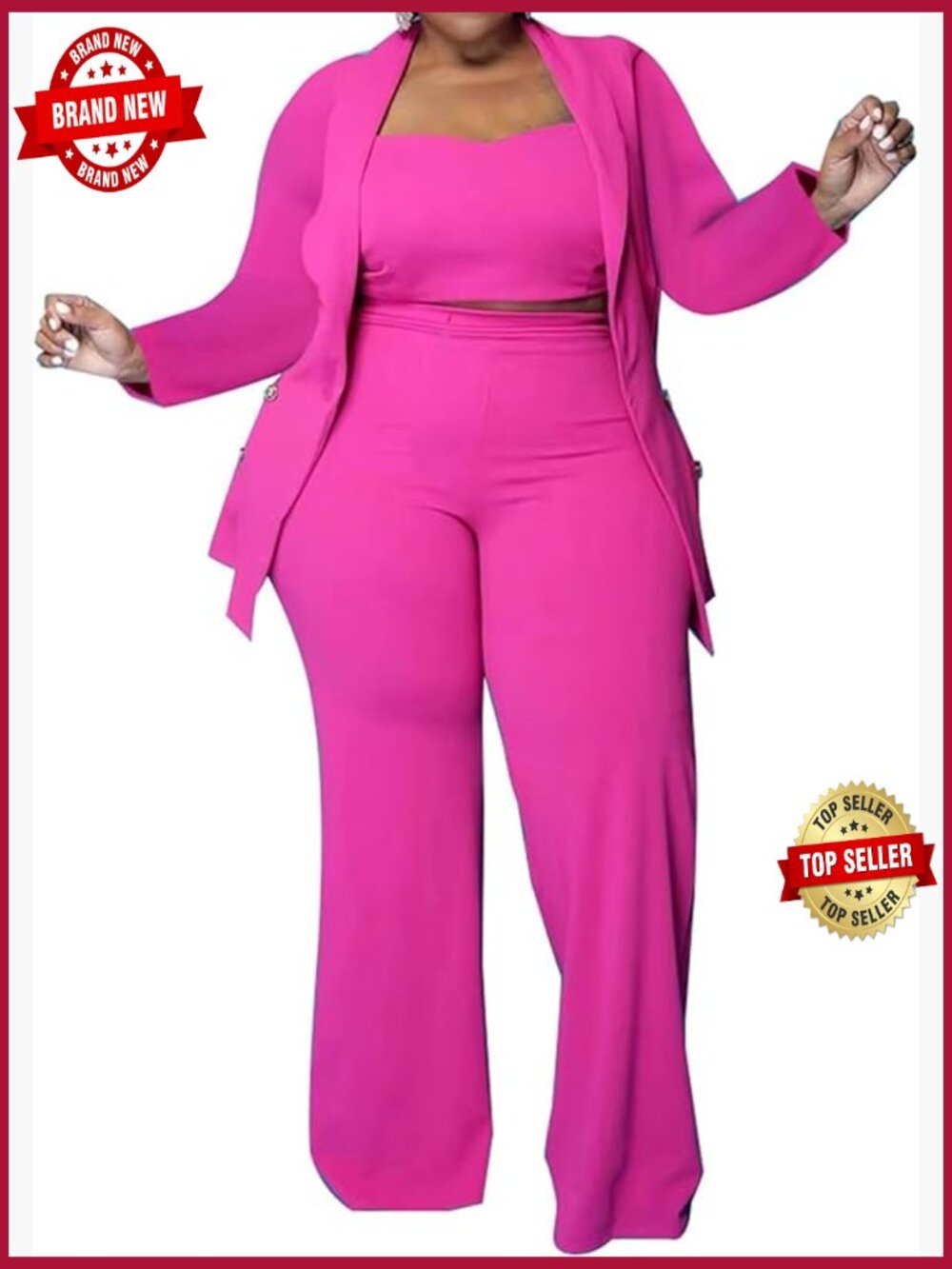 Plus Size 3 Piece Pantsuit Set Blazer Crop Top Wide Leg Pants Business Casual